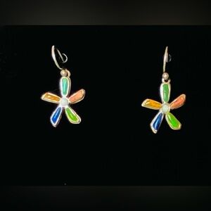 925 Silver and Enamel Flower French Hook Earrings